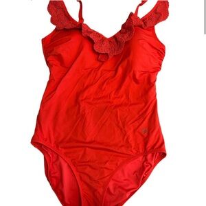 Lands End Size 10 Ruffle Neck Coral One Piece